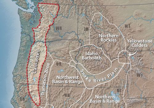 Cascade Moutain Range on U.S Map
