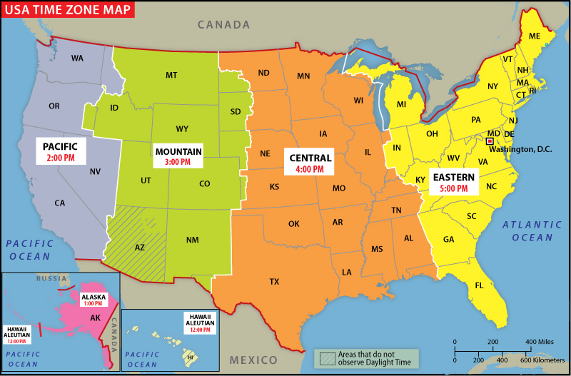 Labeled U.S Time Zone Map