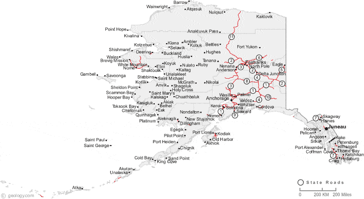  Black and White Road Map of Alaska