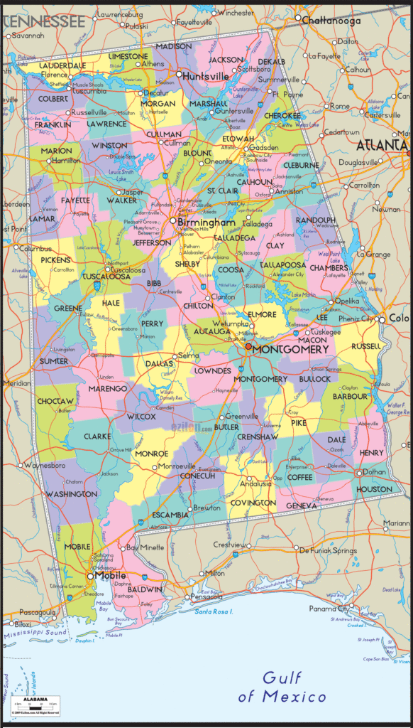 alabama county map with roads