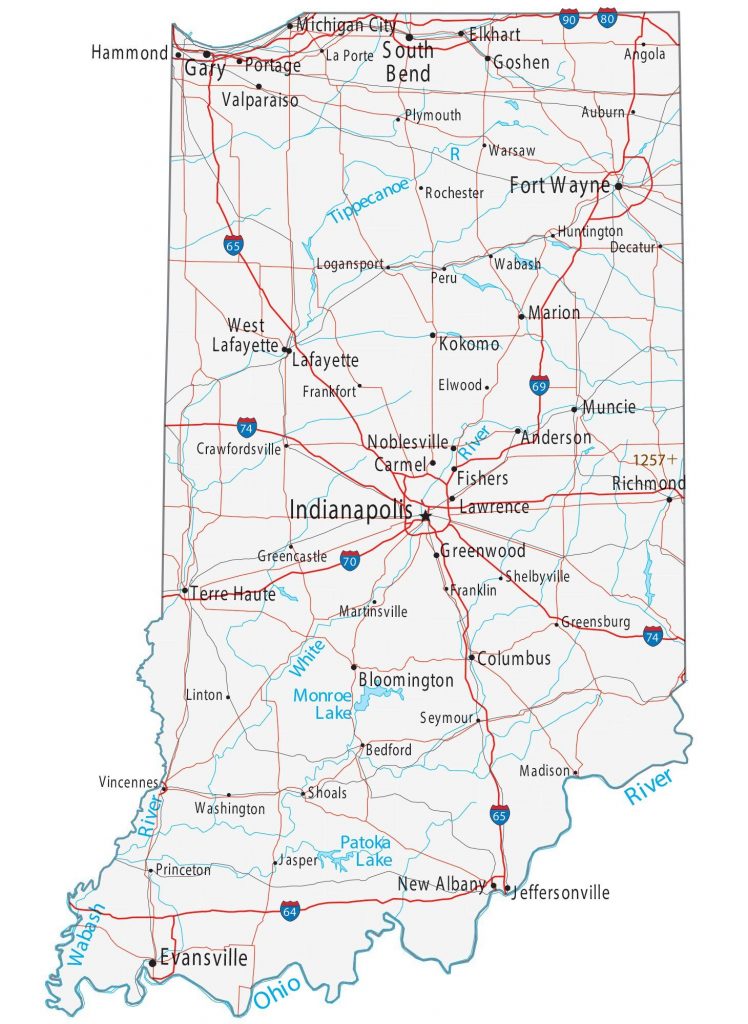 Indiana Road Map With City Rivers Lakes