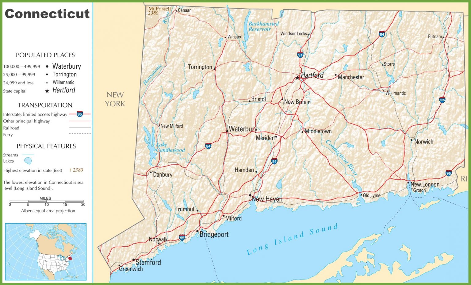 Connecticut (CT) Road and Highway Map (Free & Printable)