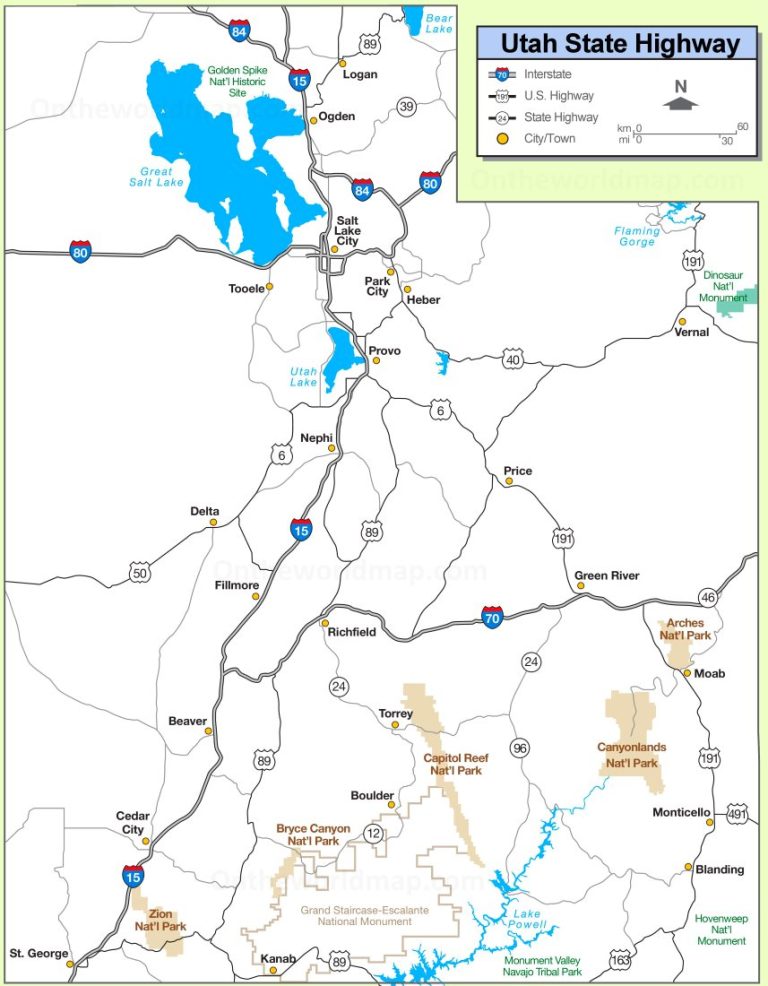 Utah (UT) Road and Highway Map (Free & Printable)