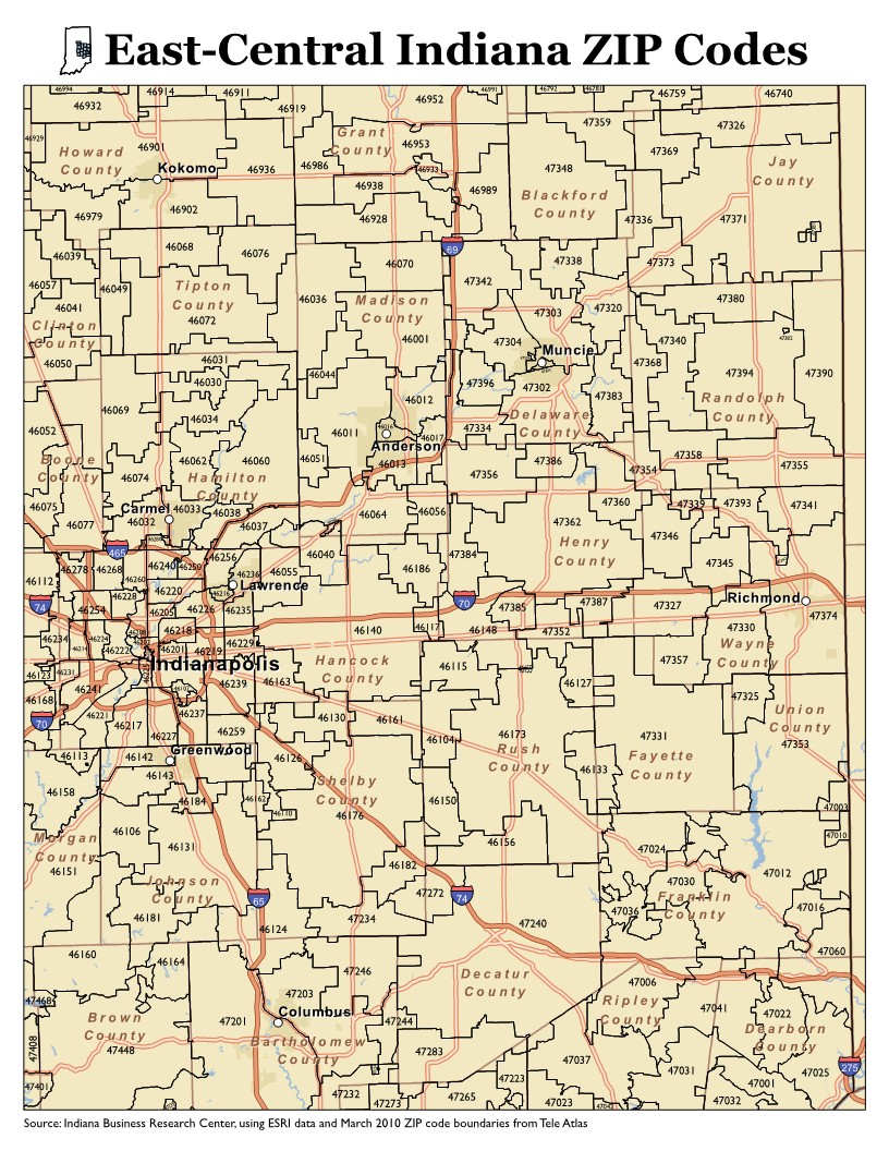 Free Printable Indiana Zip Code Maps   Preview East Central Indiana ZIP Codes Map 1 