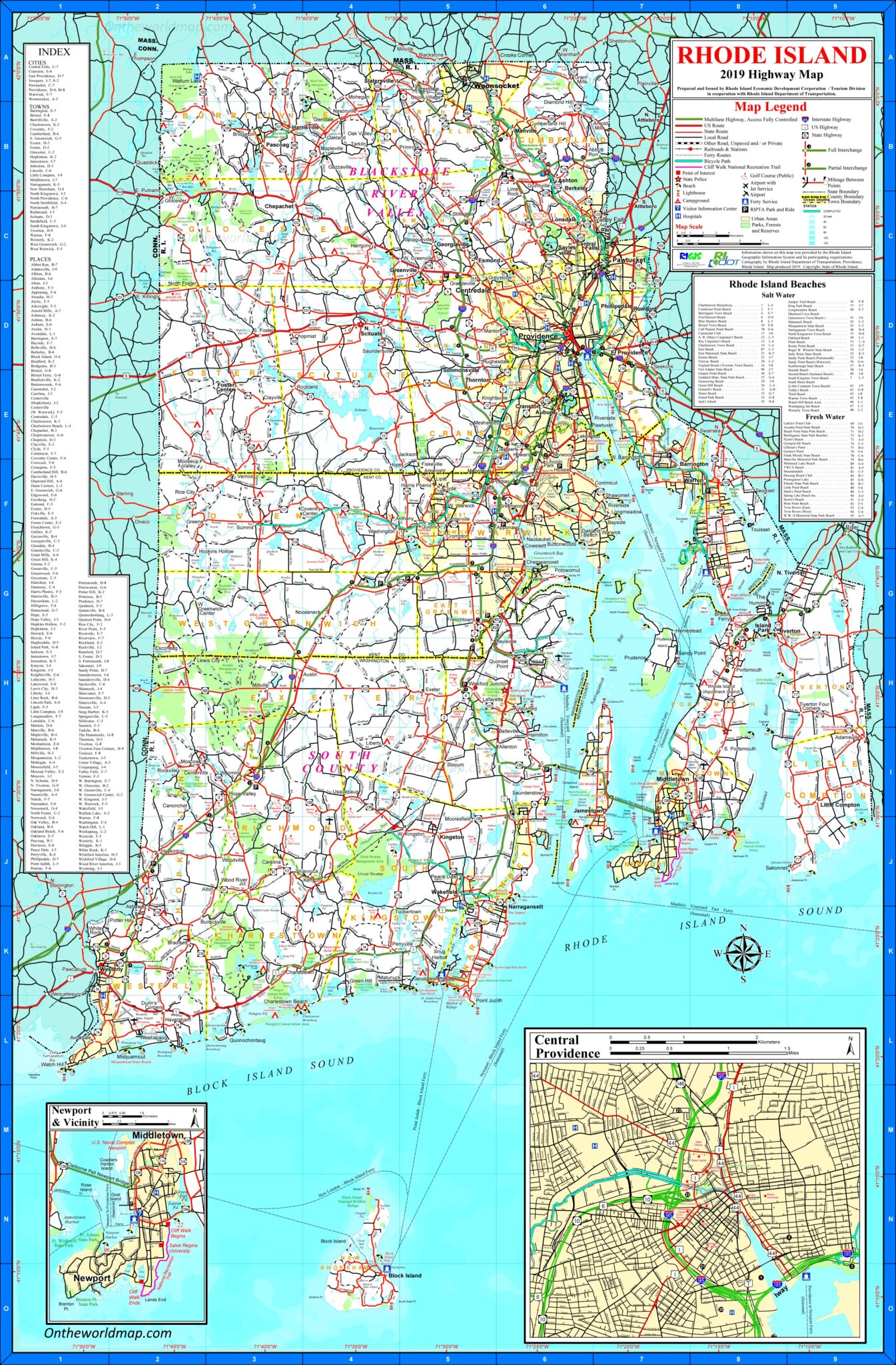 Rhode Island (RI) Road and Highway Map - Printable