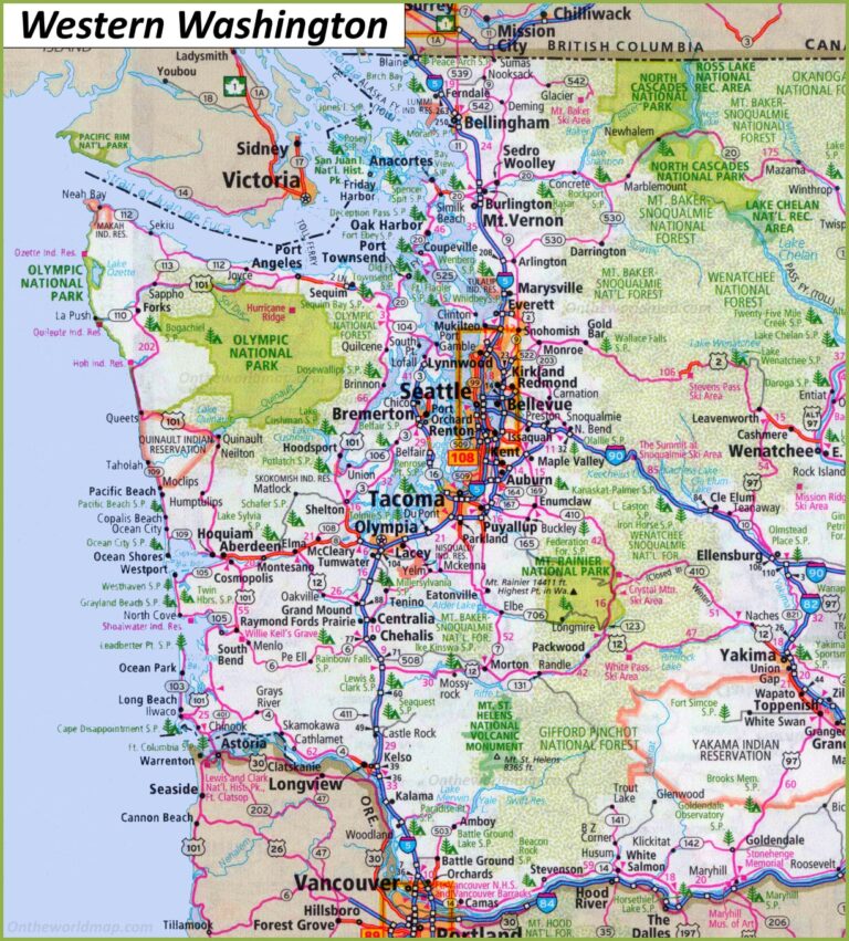 Washington State WA Road And Highway Map Free Printable   Map Of Western Washington 768x851 