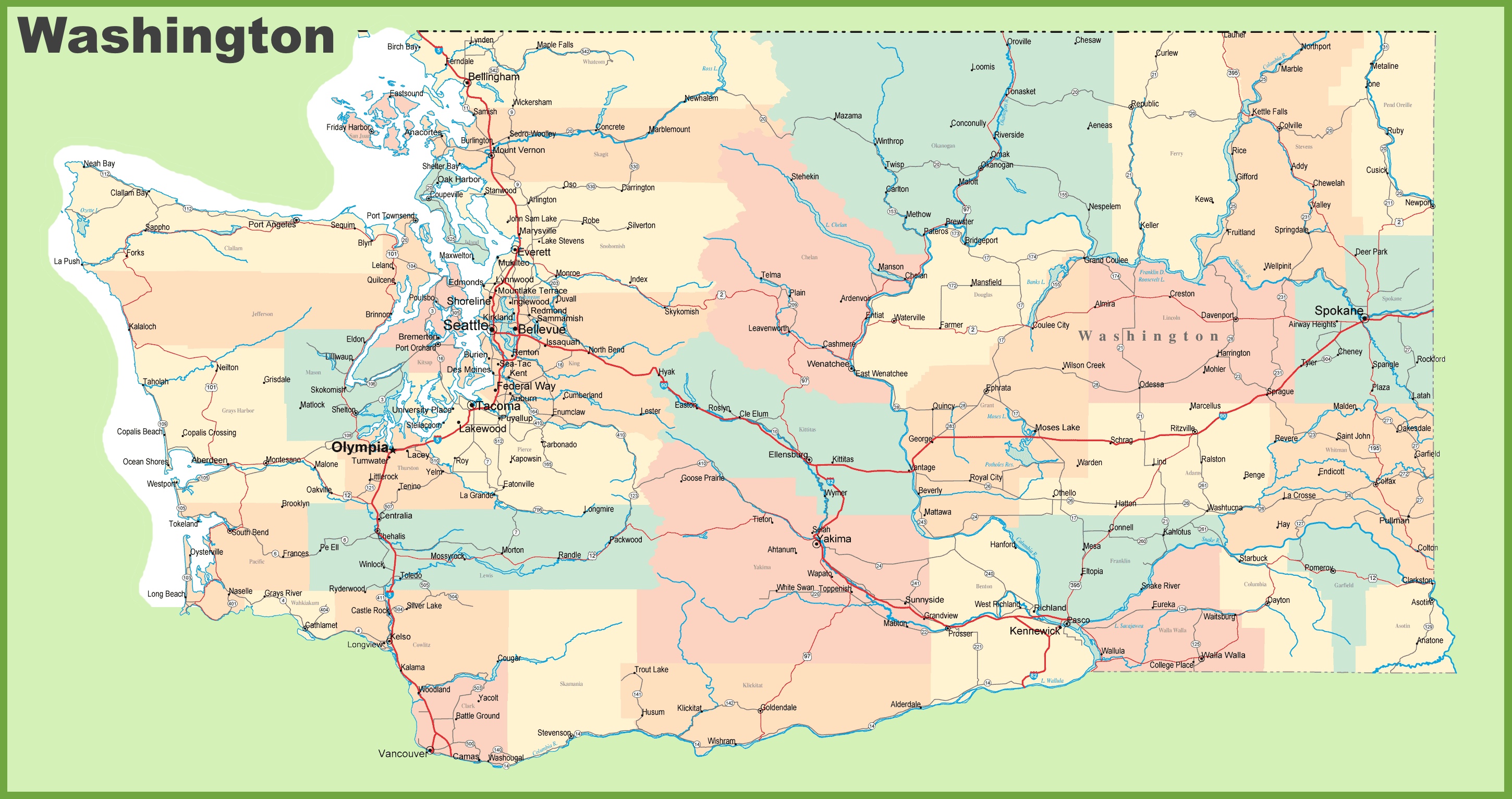 Washington State (WA) Road and Highway Map (Free Printable HD)