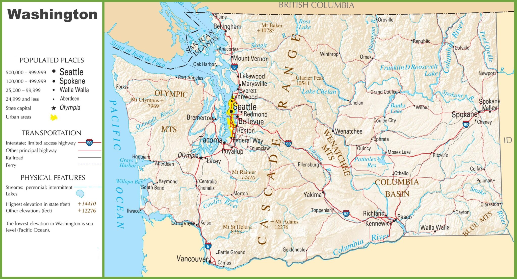 Washington State (WA) Road and Highway Map (Free Printable HD)