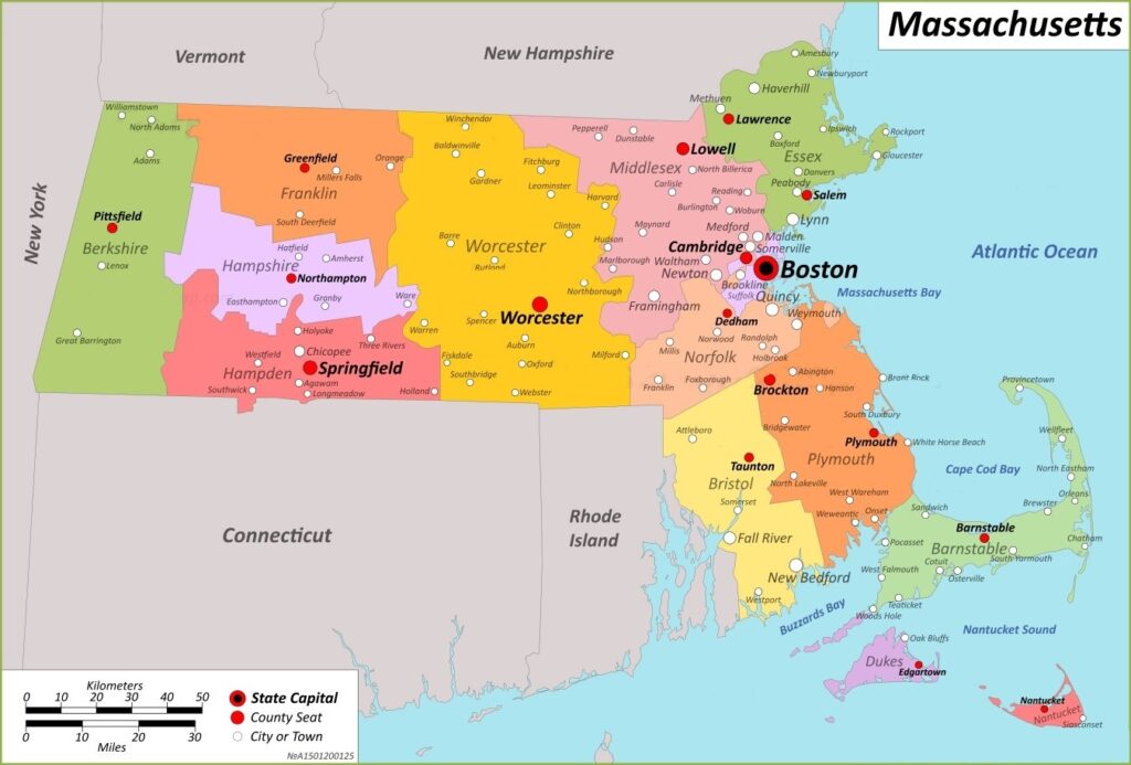 Massachusetts county map with cities