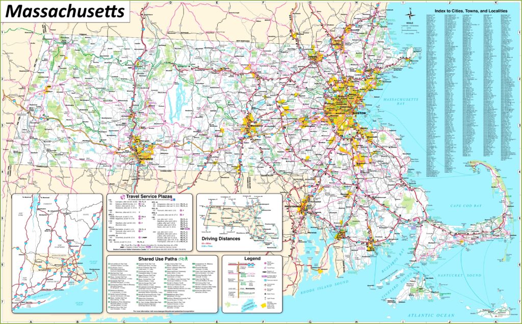 Massachusetts map with cities and towns