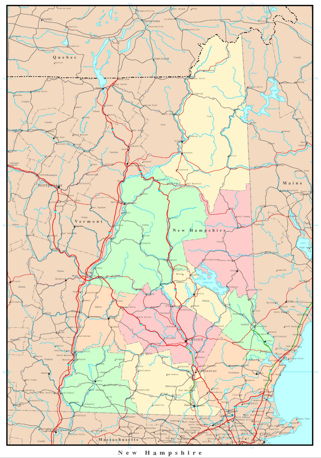 New Hampshire Map with Towns and Cities City and Town Map