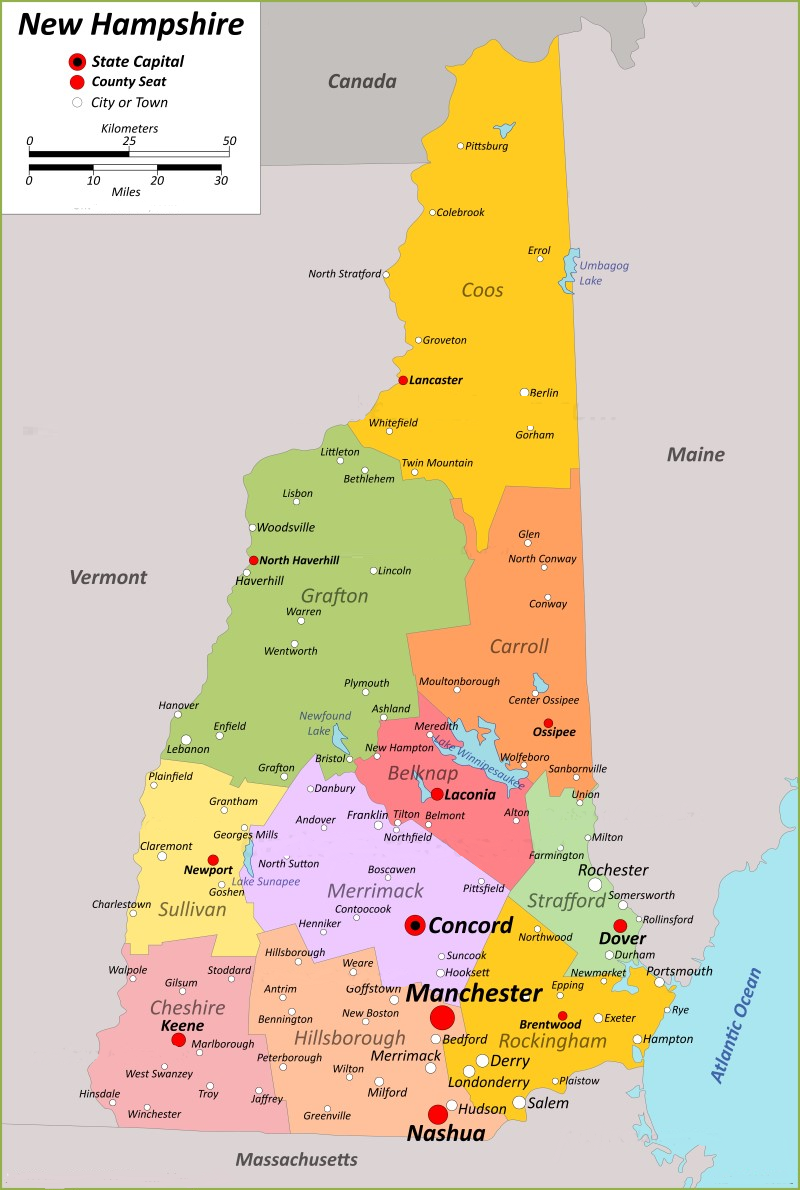 New Hampshire Map With Towns And Cities City And Town Map   Map Of Nh Towns And Counties 