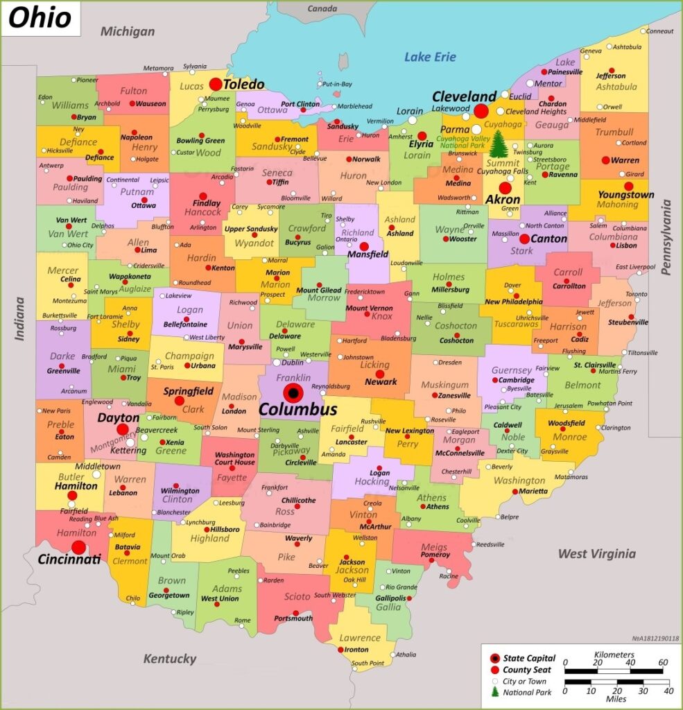 Ohio County Map County Map With Cities   Map Of Ohio County  985x1024 