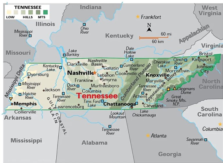 Map of Tennessee  State, Outline, County, Cities, Towns