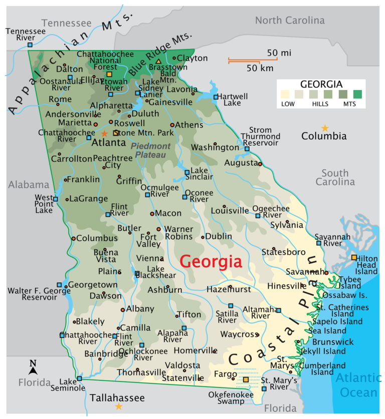Map of Georgia State Outline County Cities Towns